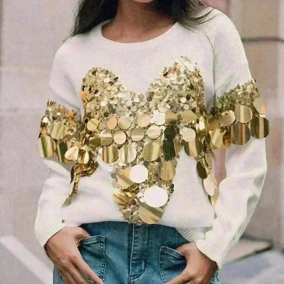 Women's Luxurious stylish Sequin detailed Long Sleeve Sweater top - Picture 1 of 9